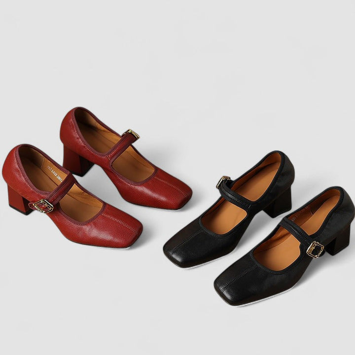 Red comfortable heels in a classic Mary Jane shoe design