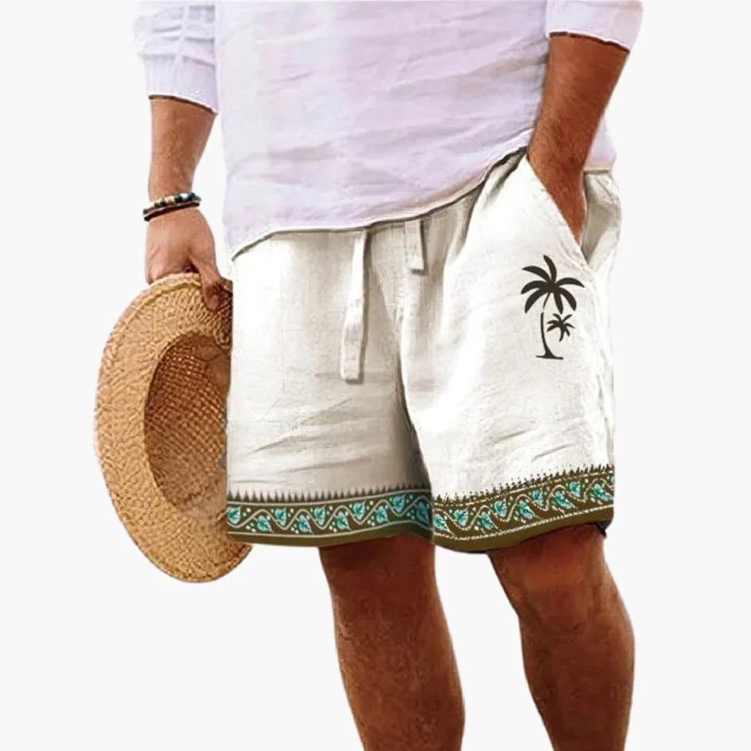 Mens palm print swim shorts with adjustable drawstring waist for beach and resort wear