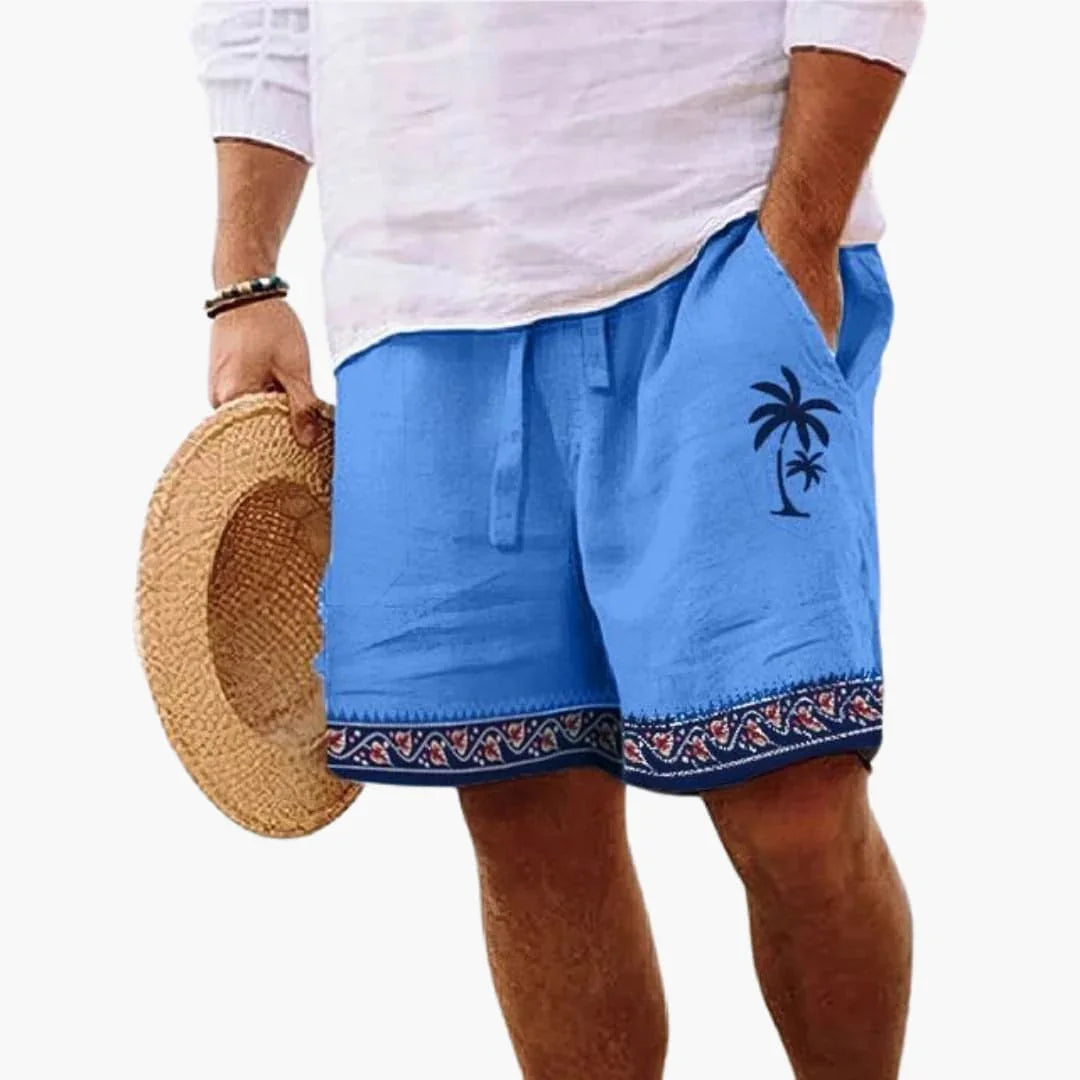 Casual summer resort wear beach shorts featuring a stylish tropical palm print design