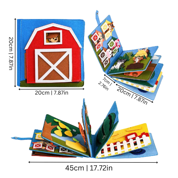 Dimensions and open layout views of the interactive felt farm book for children