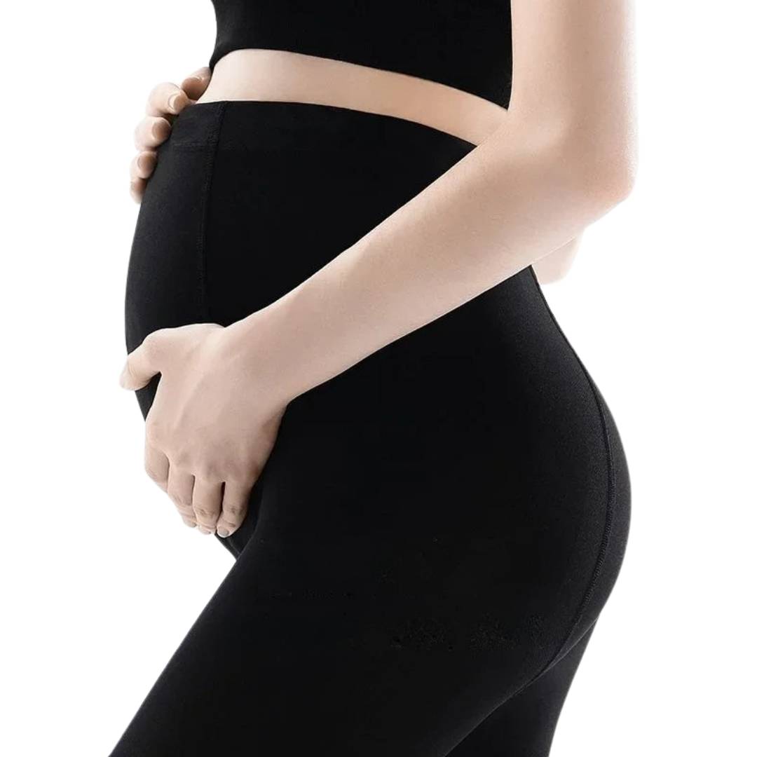 Flat lay of pregnant women's apparel featuring high waist maternity tights.