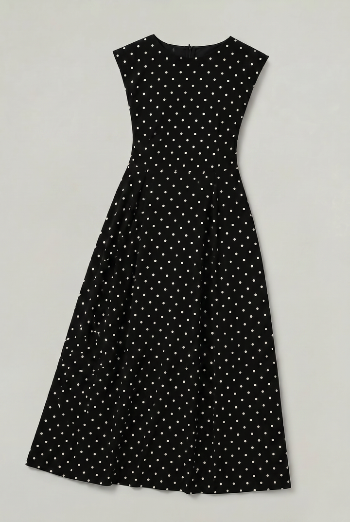 Elegant polka dot evening dress for women featuring a flared maxi skirt