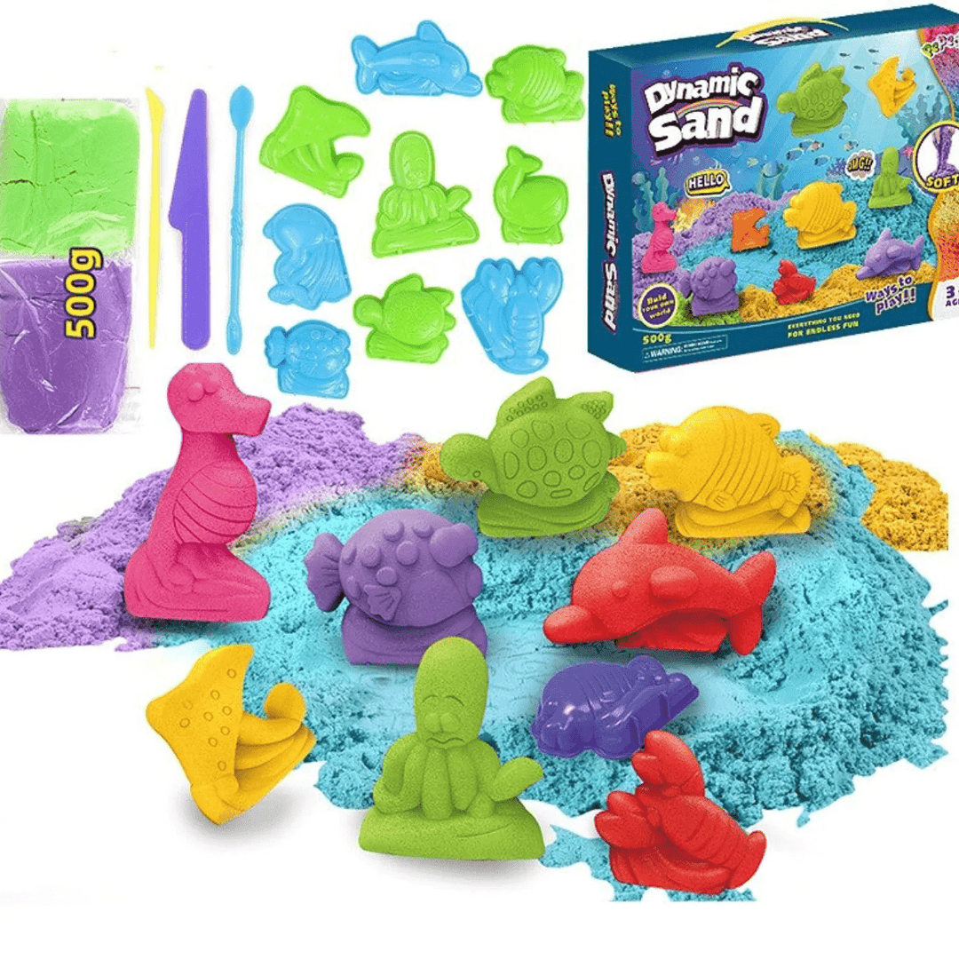 Packaged creative play sand set featuring vibrant colors and shaped molds