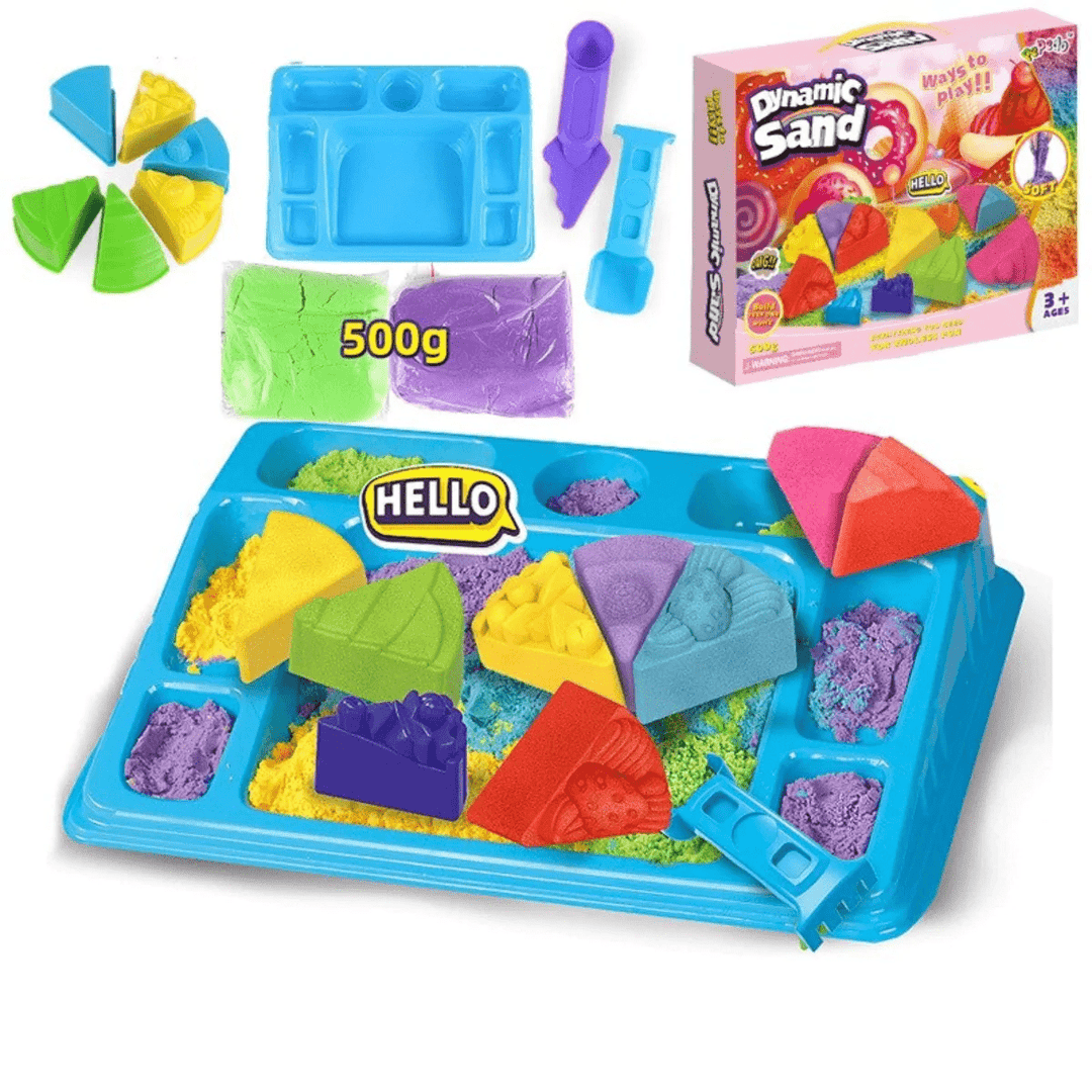 Kinetic sand kids playset spread out with castle molds and tools