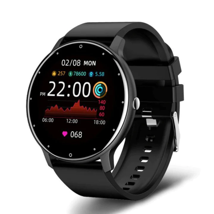Black smartwatch displaying time and daily fitness statistics on a round screen