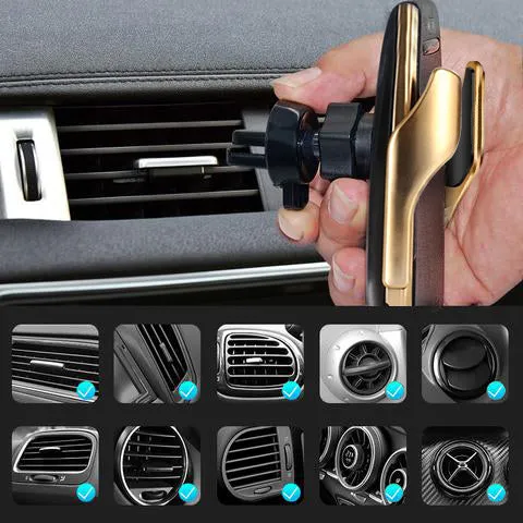 Hand holding the wireless car charger mount with various vent compatibility icons below