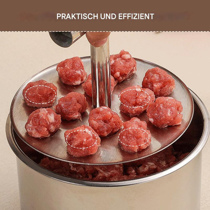 Close-up view of the 12-hole stainless steel meatball maker forming raw meat portions