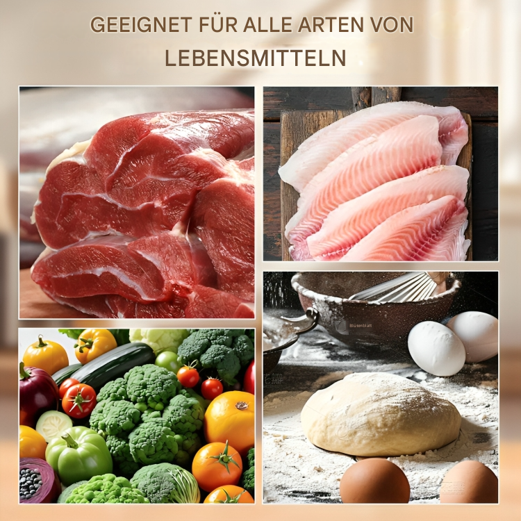 Assorted food ingredients including meat, fish, vegetables, and dough suitable for shaping