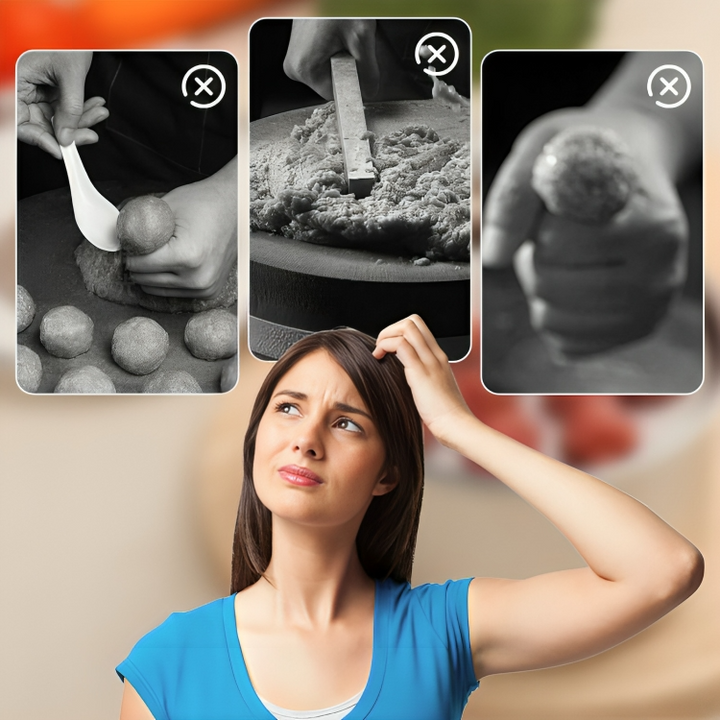 Stainless steel meatball maker spoon showing ergonomic handle for comfortable grip