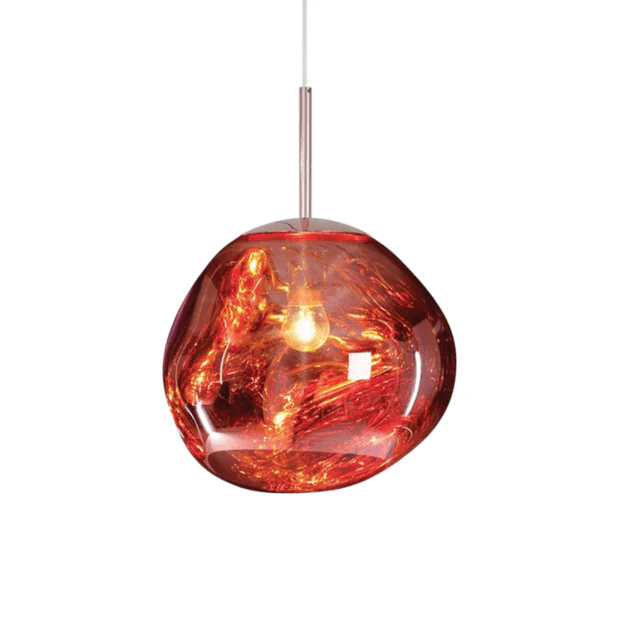 Red Melt Pendant Lamp hanging and illuminated against a white background