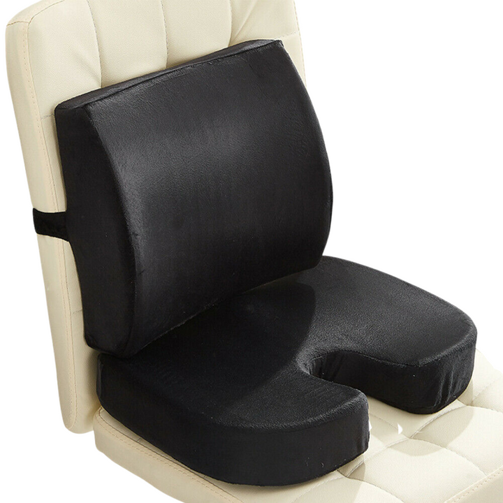 Unisex ergonomic memory foam sciatica back and seat cushion set on white background