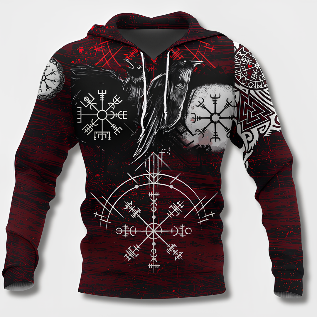 Men red Viking hoodie showcasing traditional Nordic symbols and ravens