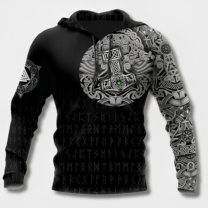 Close up of mens streetwear Viking design hoodie fabric and print