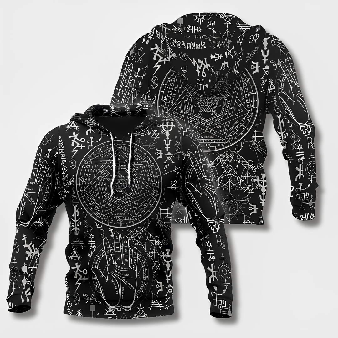 Detailed shot of nordic mythology apparel graphic pullover drawstring hood