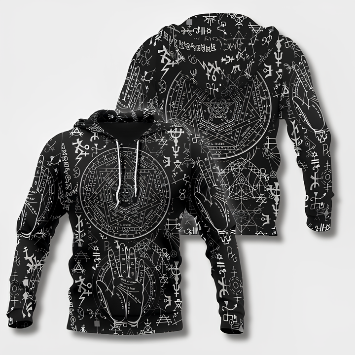 Detailed shot of nordic mythology apparel graphic pullover drawstring hood