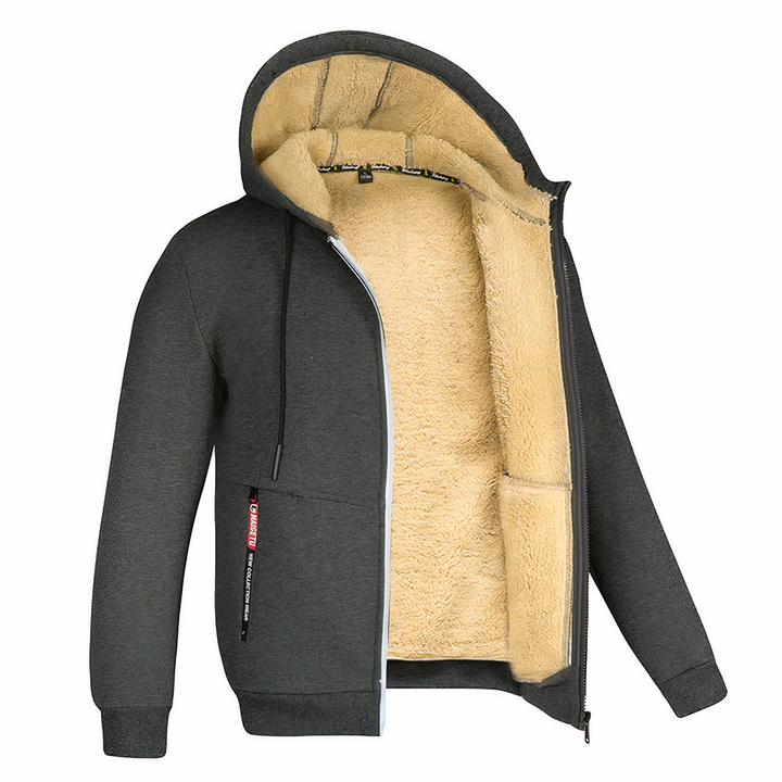 Back view of mens zip-up hoodie designed for cold weather wear
