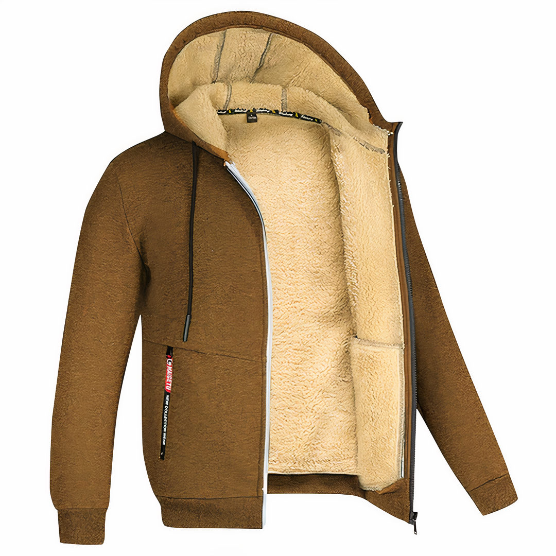 Detailed view of durable front zipper and pockets on mens sweatshirt