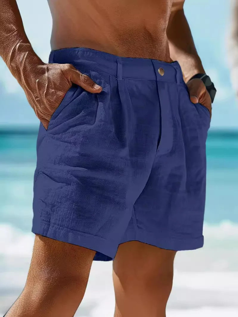 Man wearing dark blue breathable summer shorts outdoors