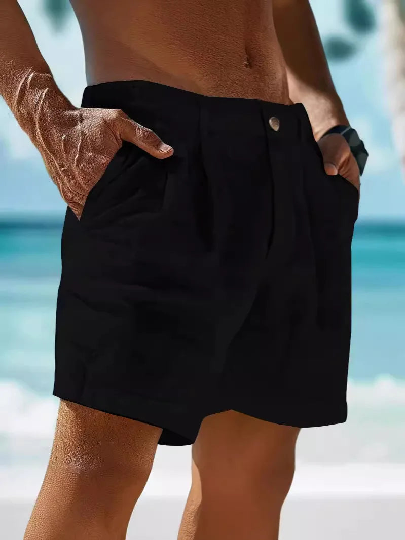 Close up fabric detail of lightweight mens summer casual shorts