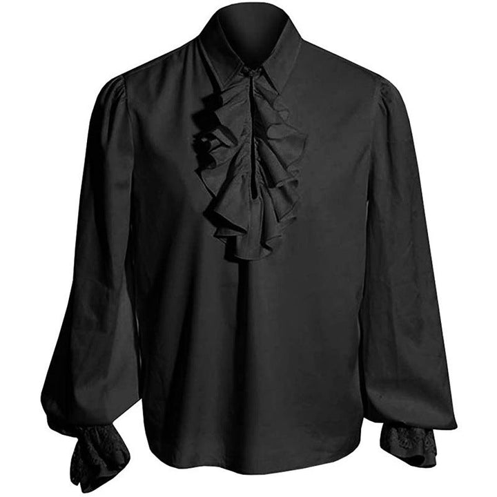 Black men's baroque ruffle shirt with stand collar and frilled front