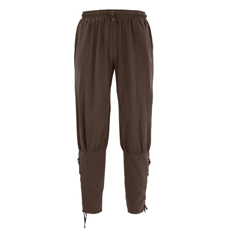 Brown historical pirate pants with drawstring and lace-up details