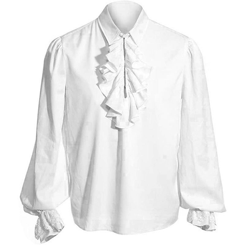 Mens black baroque ruffle shirt featuring vintage lace trim and long poet sleeves