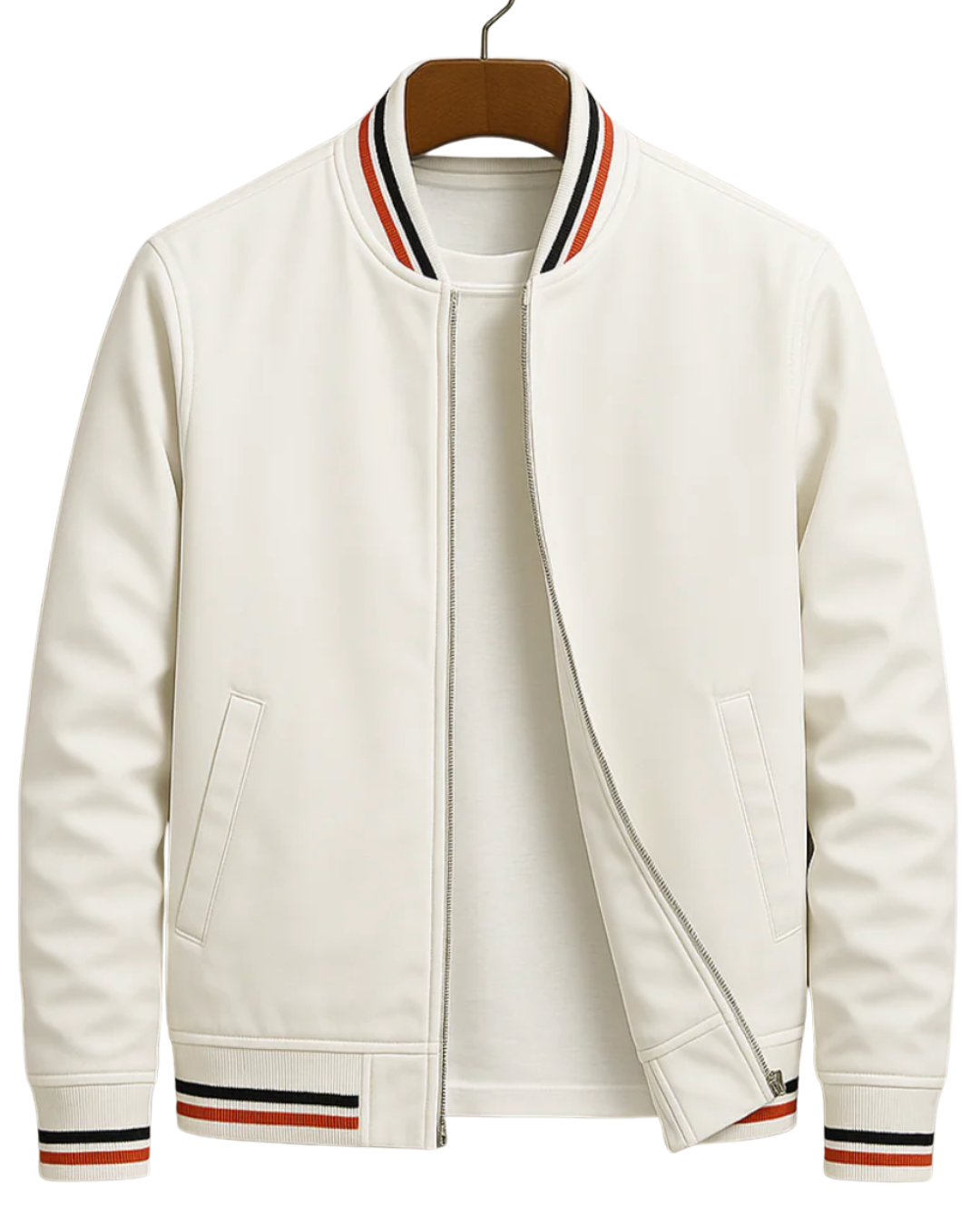 White men's classic bomber jacket with striped ribbed collar on hanger