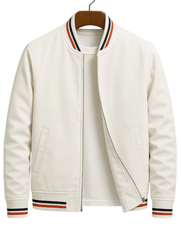 White men's classic bomber jacket with striped ribbed collar on hanger