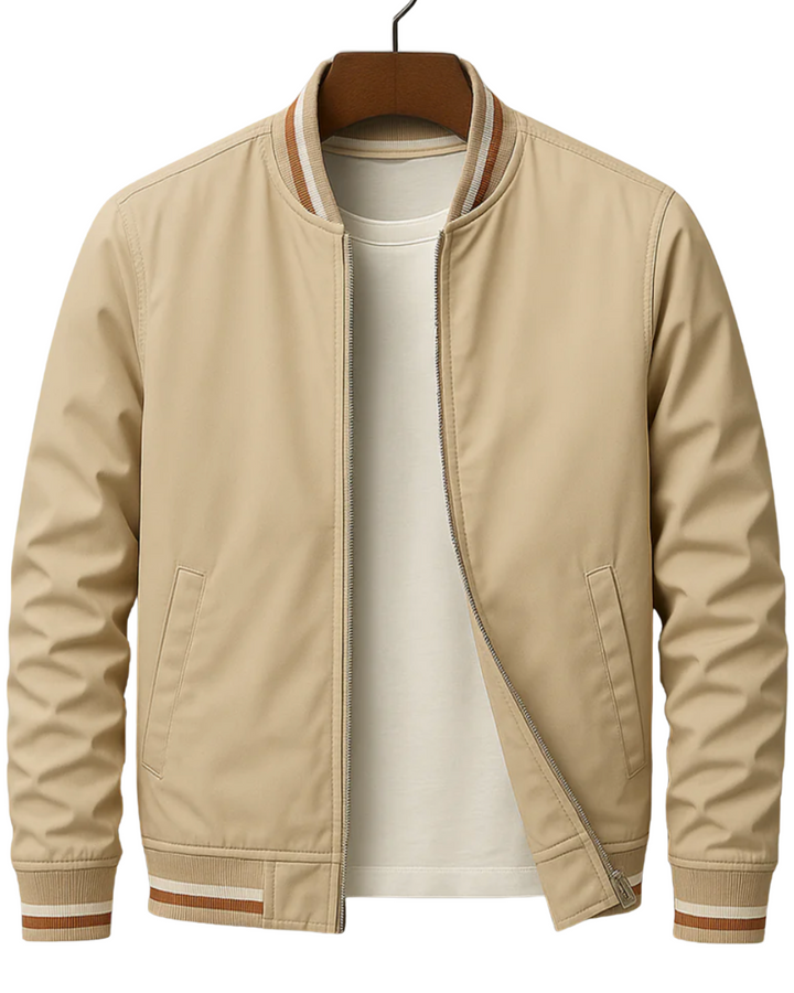 Khaki men's classic bomber jacket with zipper and striped trim