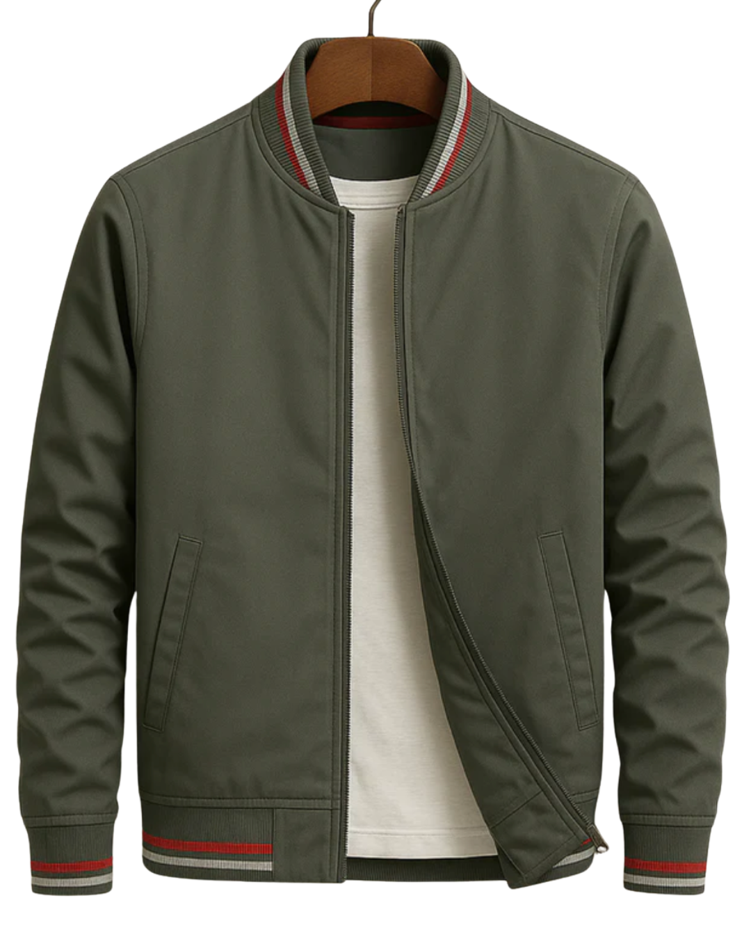 Olive green men's casual bomber jacket with front pockets on hanger