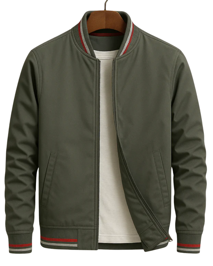 Olive green men's casual bomber jacket with front pockets on hanger