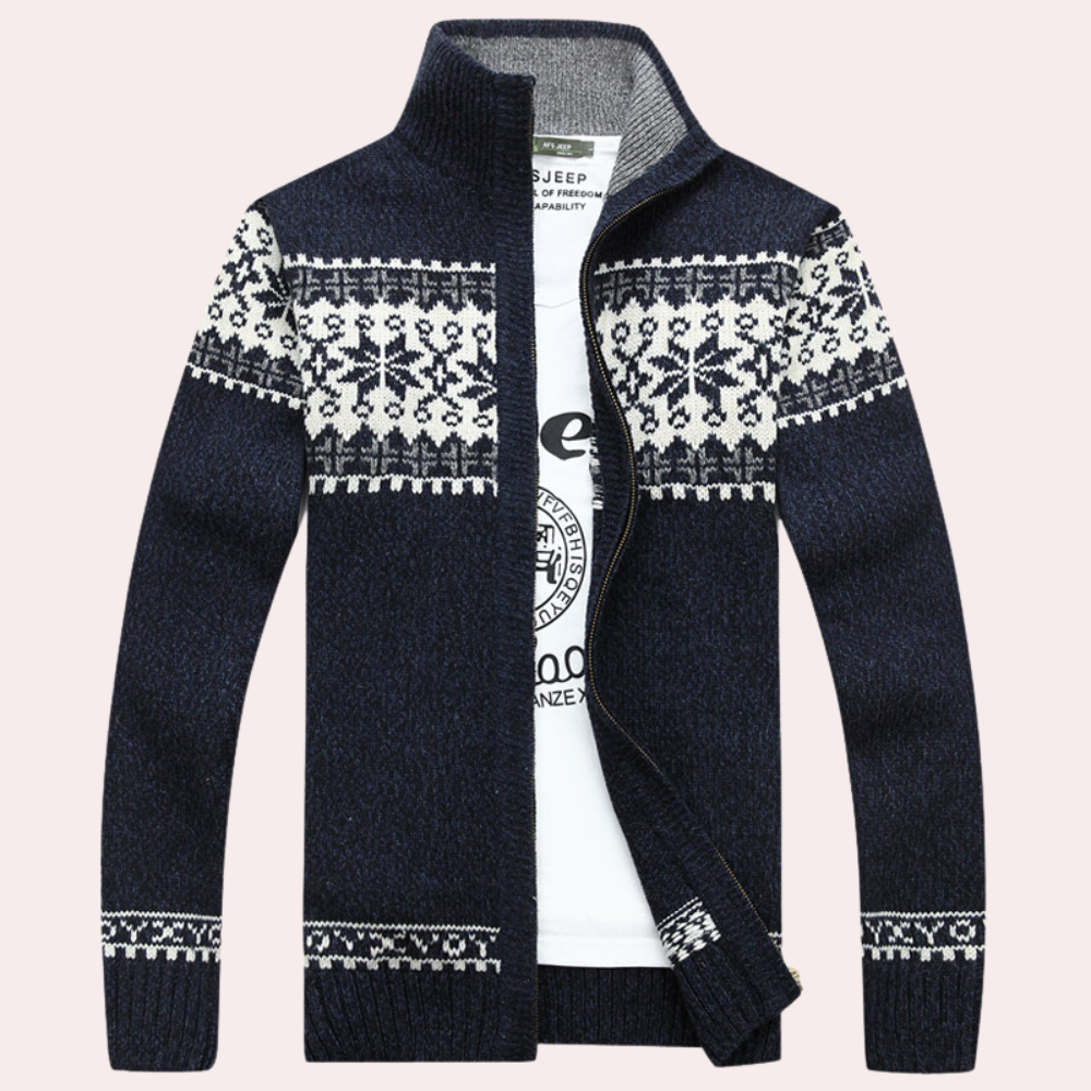 Men's dark blue full zip cardigan with patterned yoke