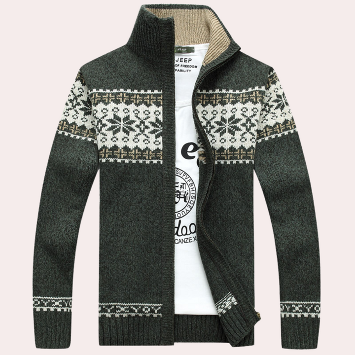 Men's green full zip cardigan with distinctive pattern