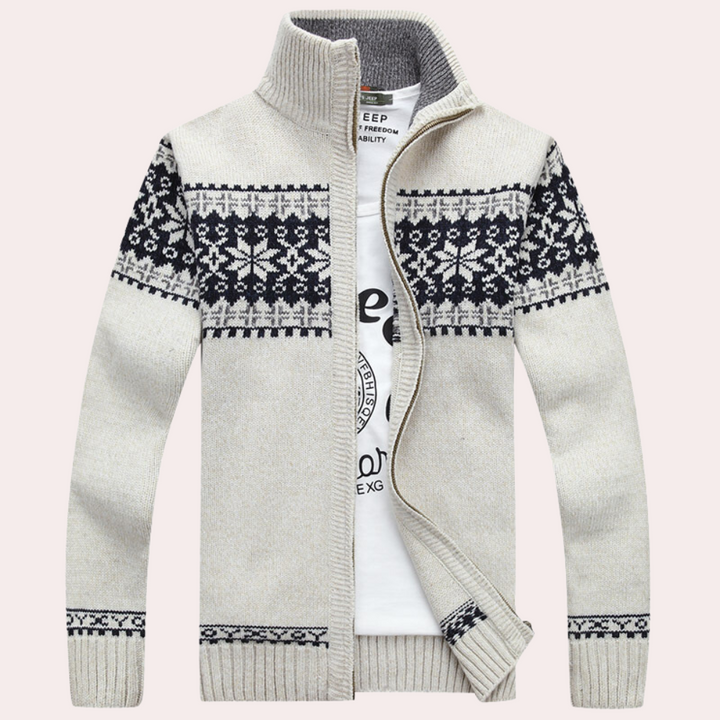 Men's white full zip cardigan with patterned design