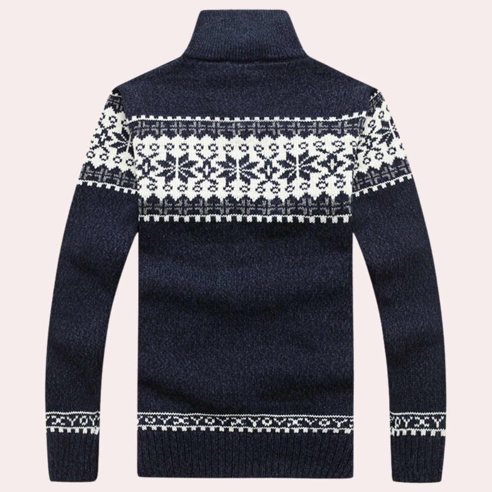 Mens full zip patterned cardigan with stand up collar