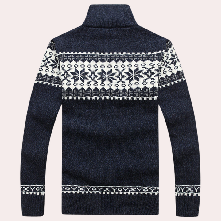 Mens full zip patterned cardigan with stand up collar