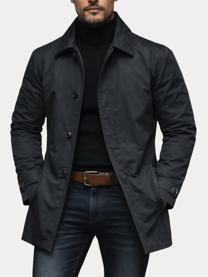 Close up of button front closure on stylish mens winter car coat
