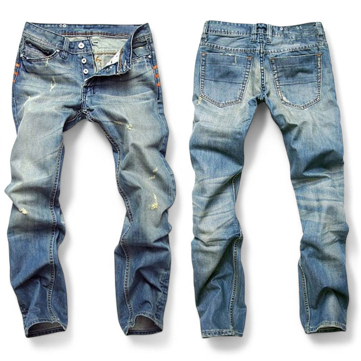 Front and back view of men's blue denim jeans featuring utility pockets and modern cut