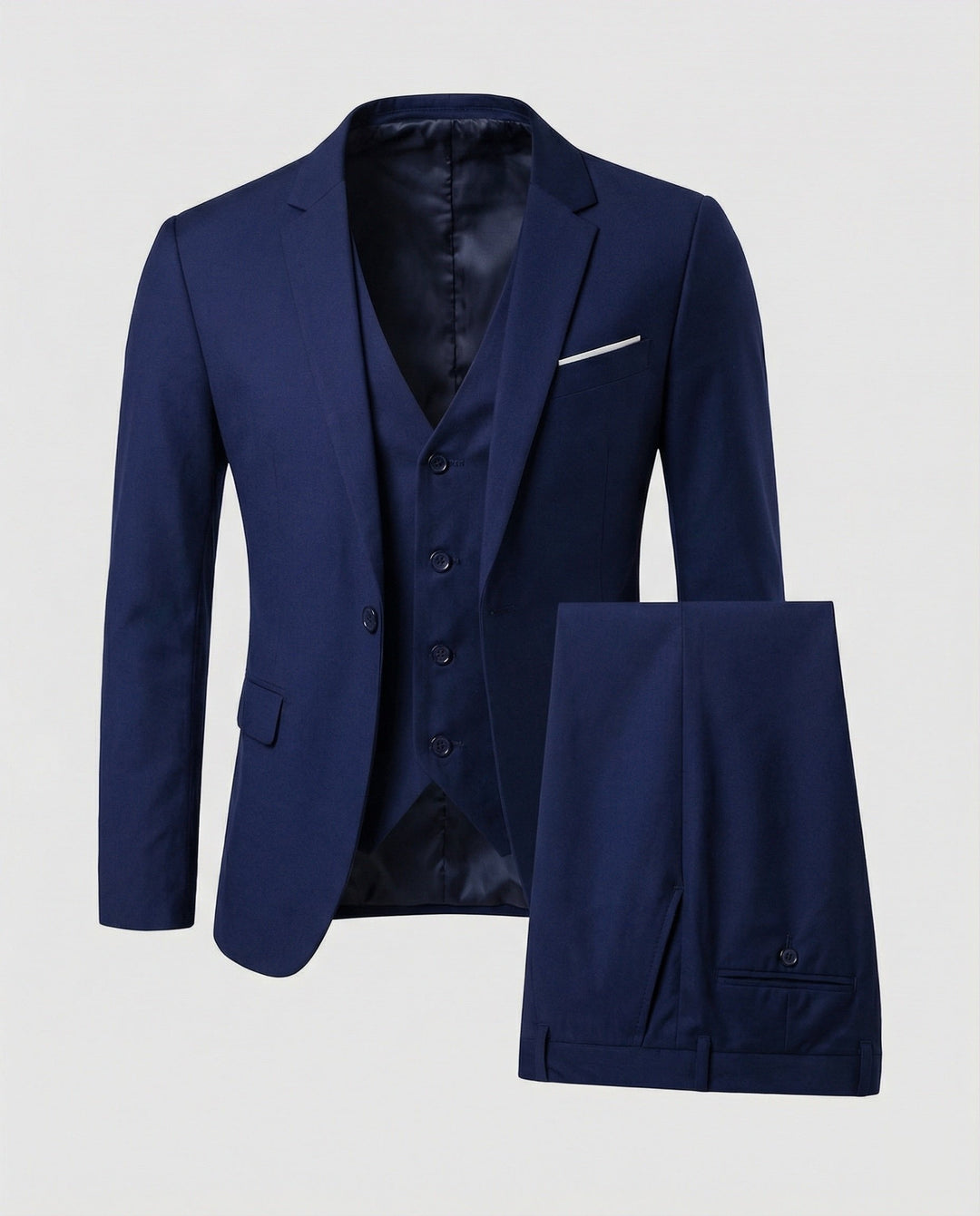 Men's classic navy blue three-piece suit displayed neatly