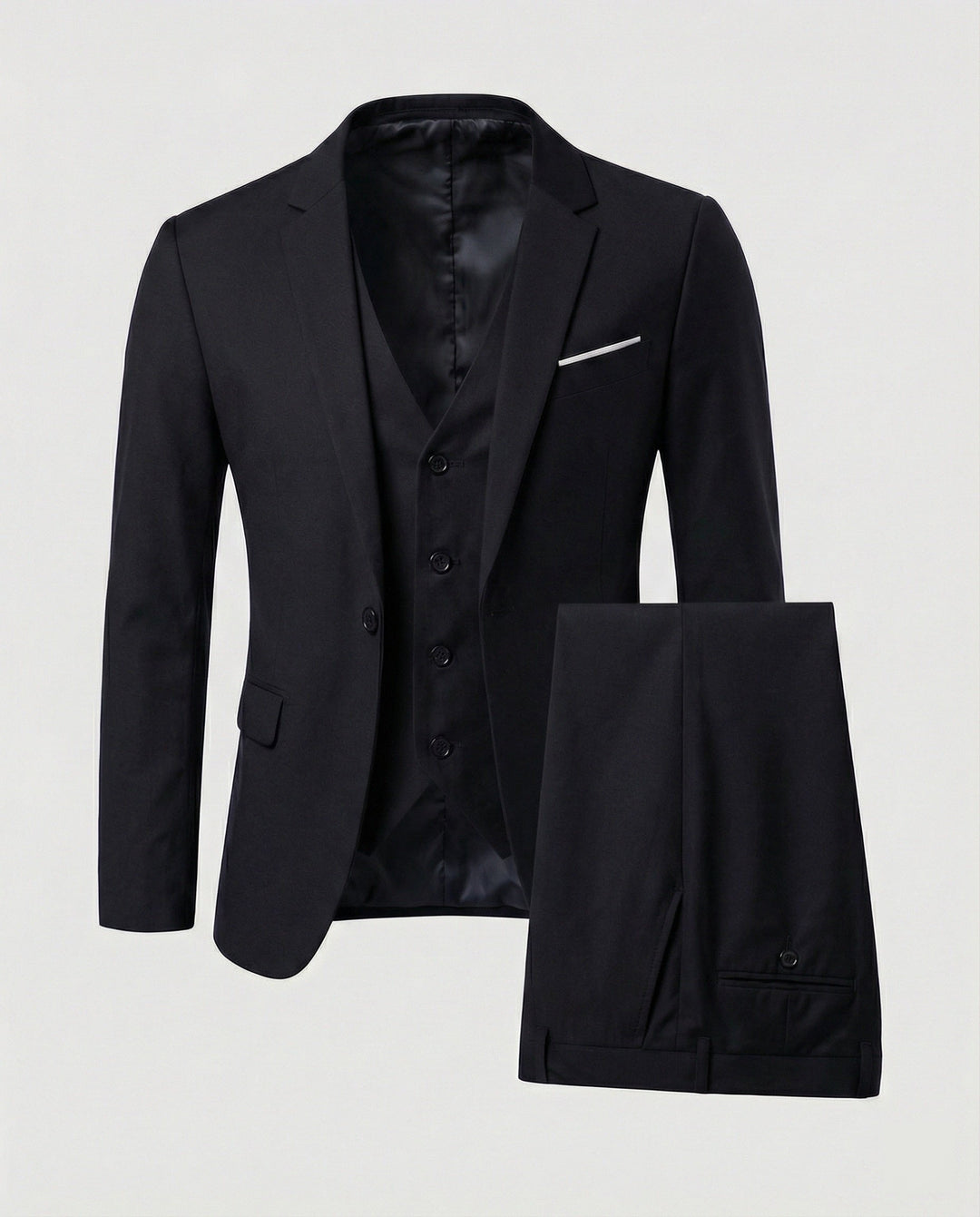 Men's classic black three-piece suit showing jacket, vest, and trousers