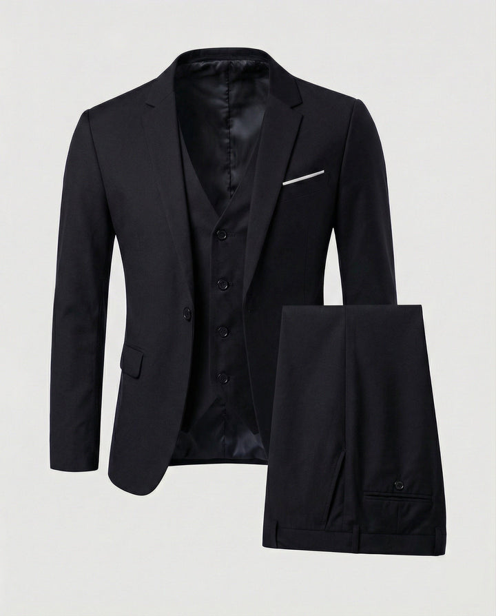 Men's classic black three-piece suit showing jacket, vest, and trousers