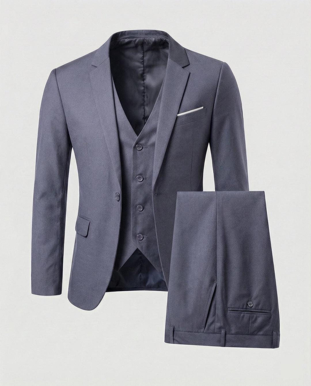 Men's classic grey three-piece suit with tailored jacket and trousers