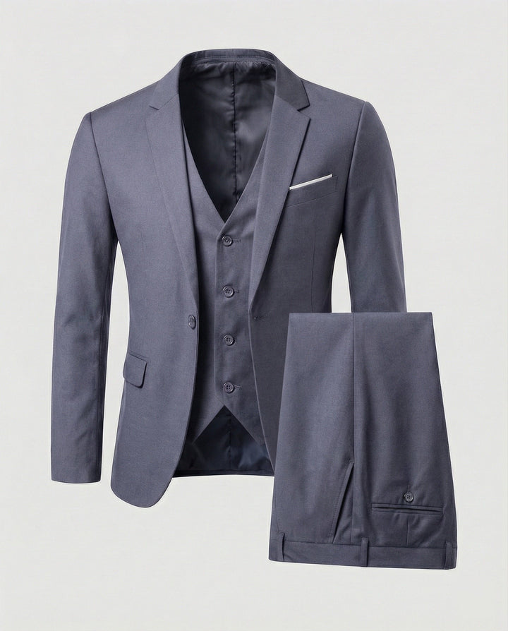 Men's classic grey three-piece suit with tailored jacket and trousers