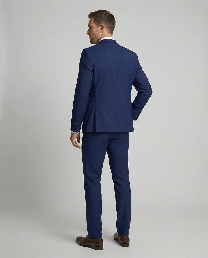 Full view of mens stylish three-piece suit styled with dress shirt