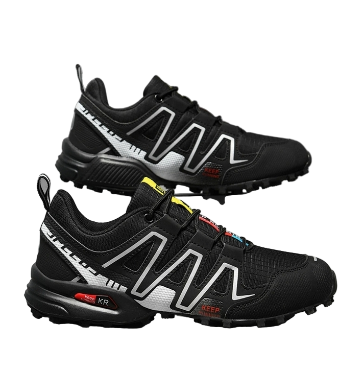 Men's black hiking shoes with white detailing and rugged outsole