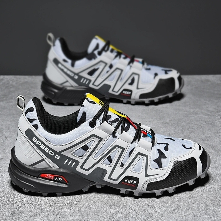 Men's white and black patterned hiking shoes for outdoor trails