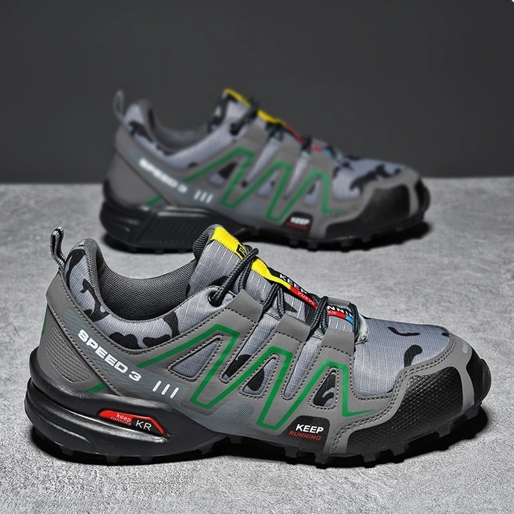 Close up view of water resistant hiking shoes material and reinforced toe cap protection