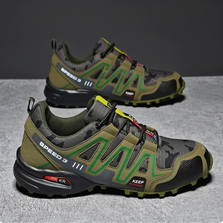 Mens outdoor trail shoes side profile showcasing breathable mesh and support overlays