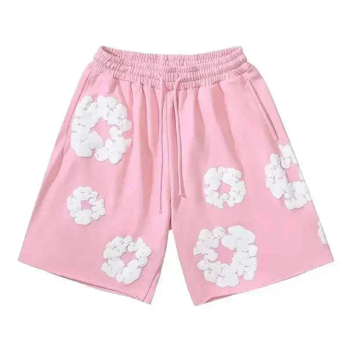 Men's pink floral print summer shorts featuring an elastic waistband