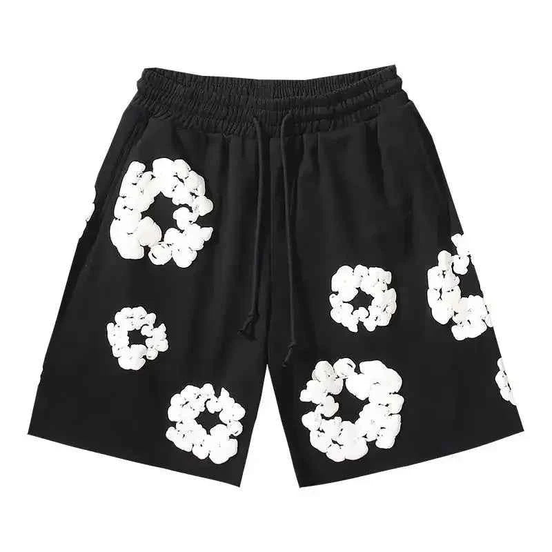 Mens floral print summer shorts close up fabric detail